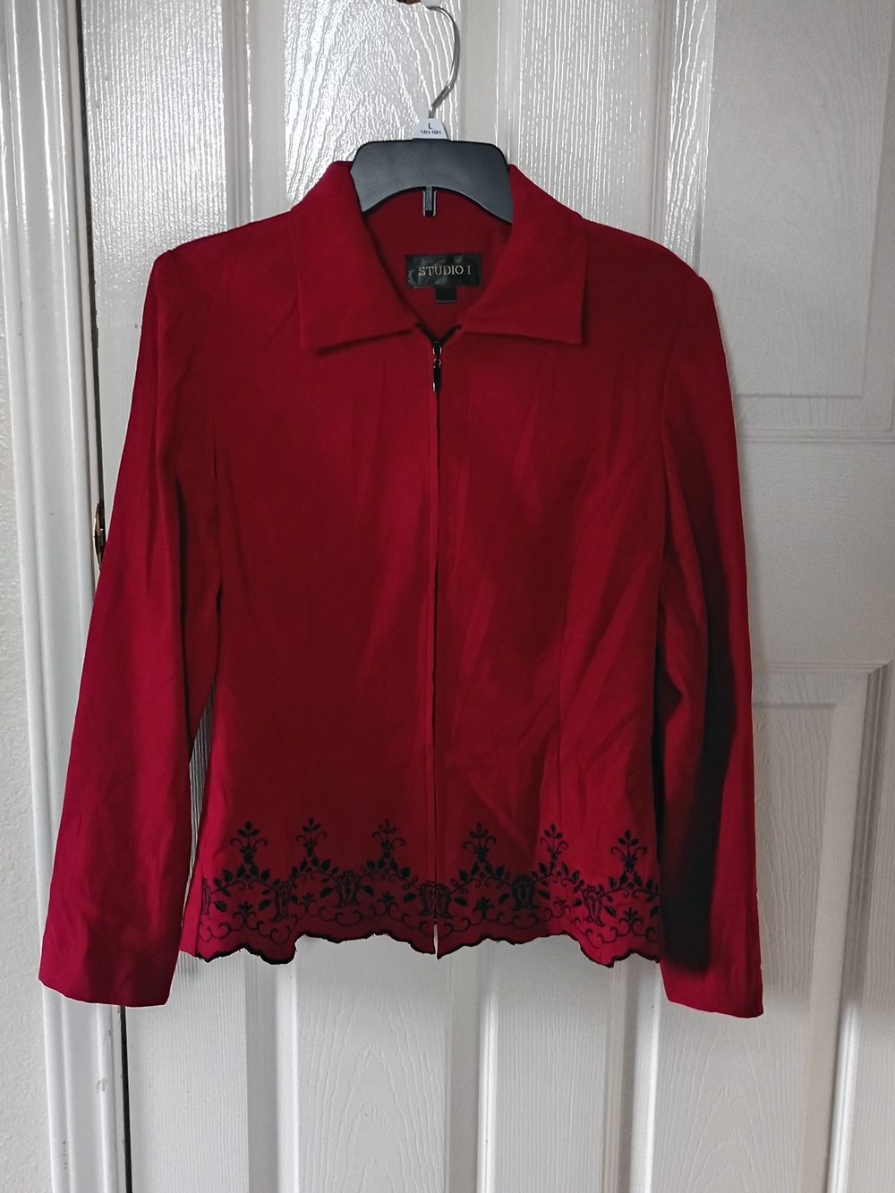 Studio I Red Zip-Front Jacket with Black Embroidered Hem